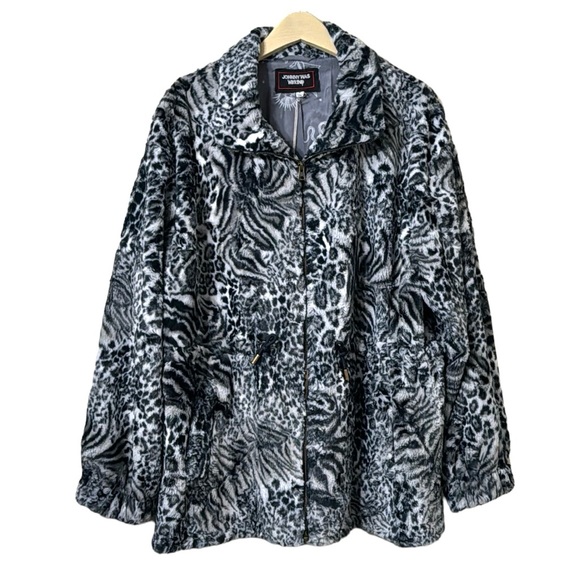 Johnny Was Smoke Leopard Faux Fur Drawstring Jacket Size XL
